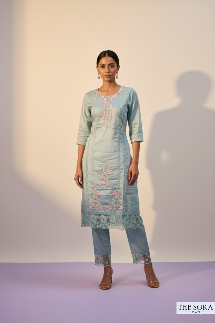 Mint Green Embroidered Kurta Set with Lace Detailing and Dupatta