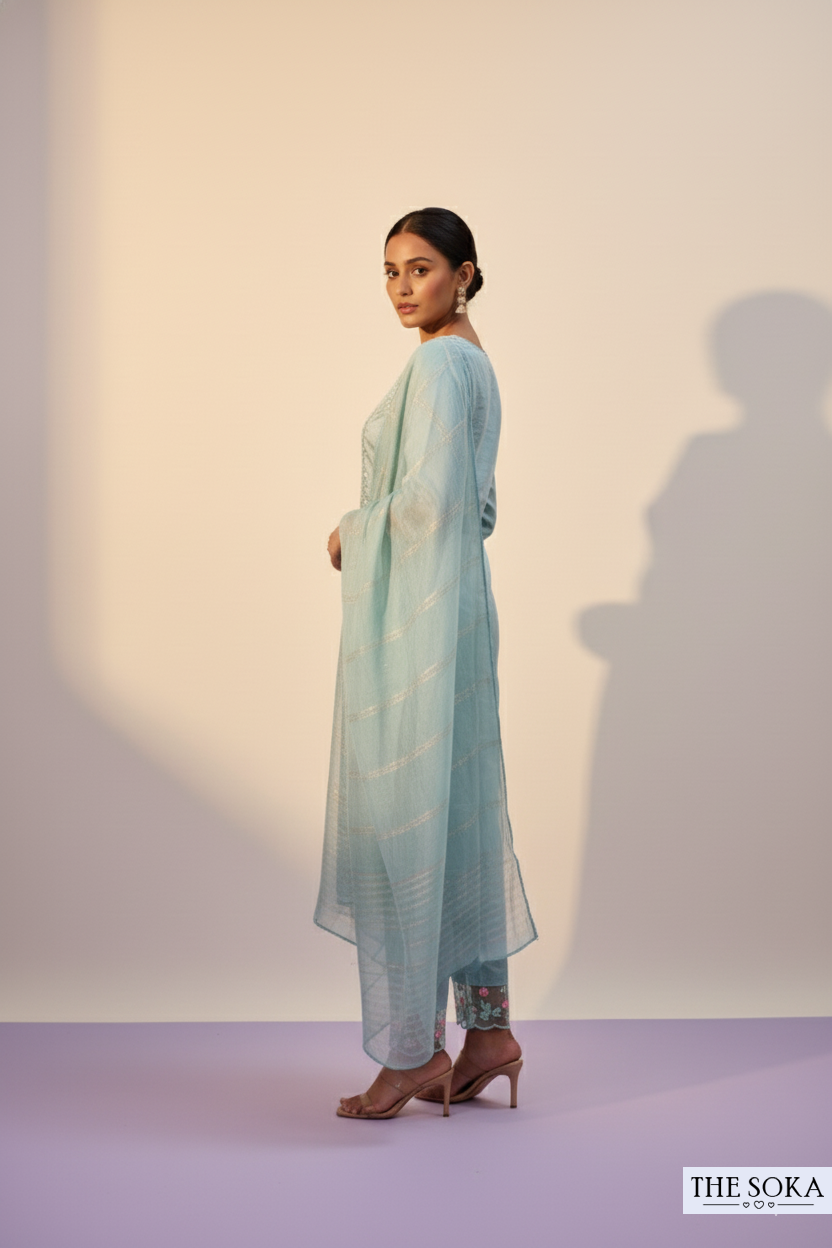 Mint Green Embroidered Kurta Set with Lace Detailing and Dupatta