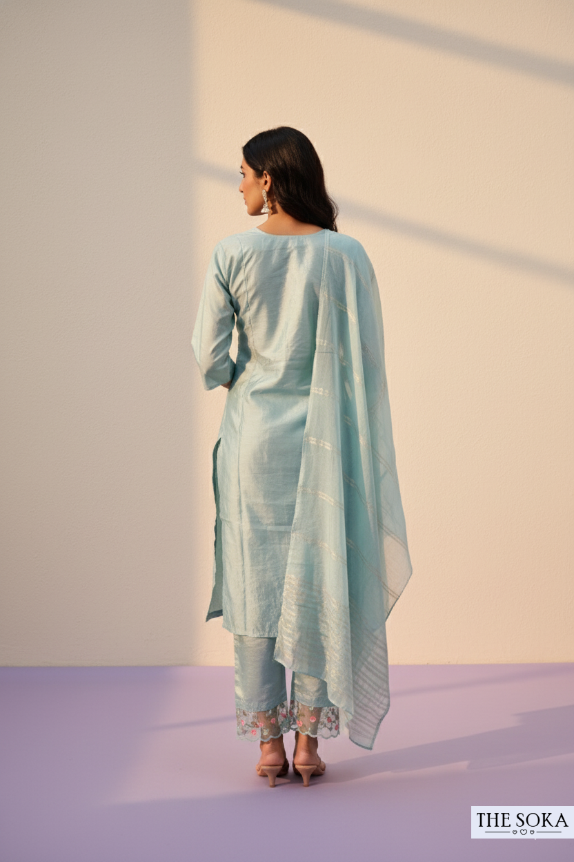 Mint Green Embroidered Kurta Set with Lace Detailing and Dupatta