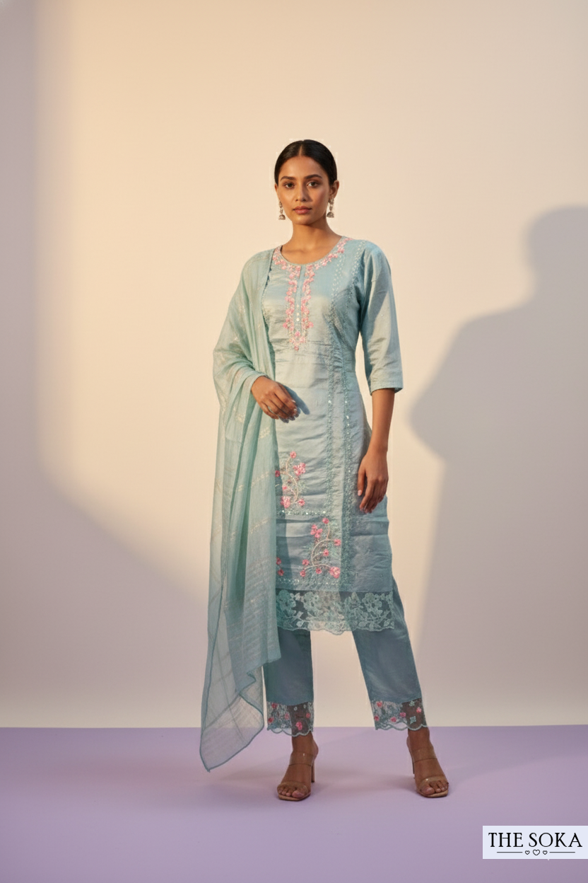 Mint Green Embroidered Kurta Set with Lace Detailing and Dupatta