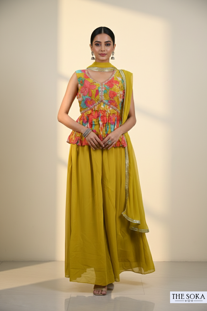 Multicolor Embroidered Peplum Kurta Set with Mustard Yellow Sharara Pants and Dupatta