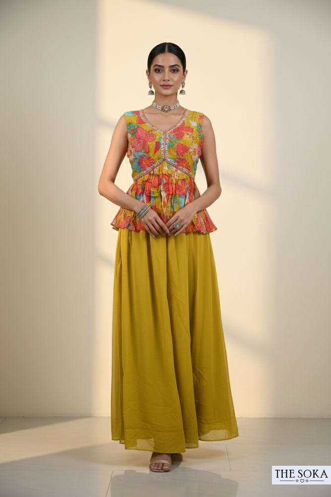 Multicolor Embroidered Peplum Kurta Set with Mustard Yellow Sharara Pants and Dupatta