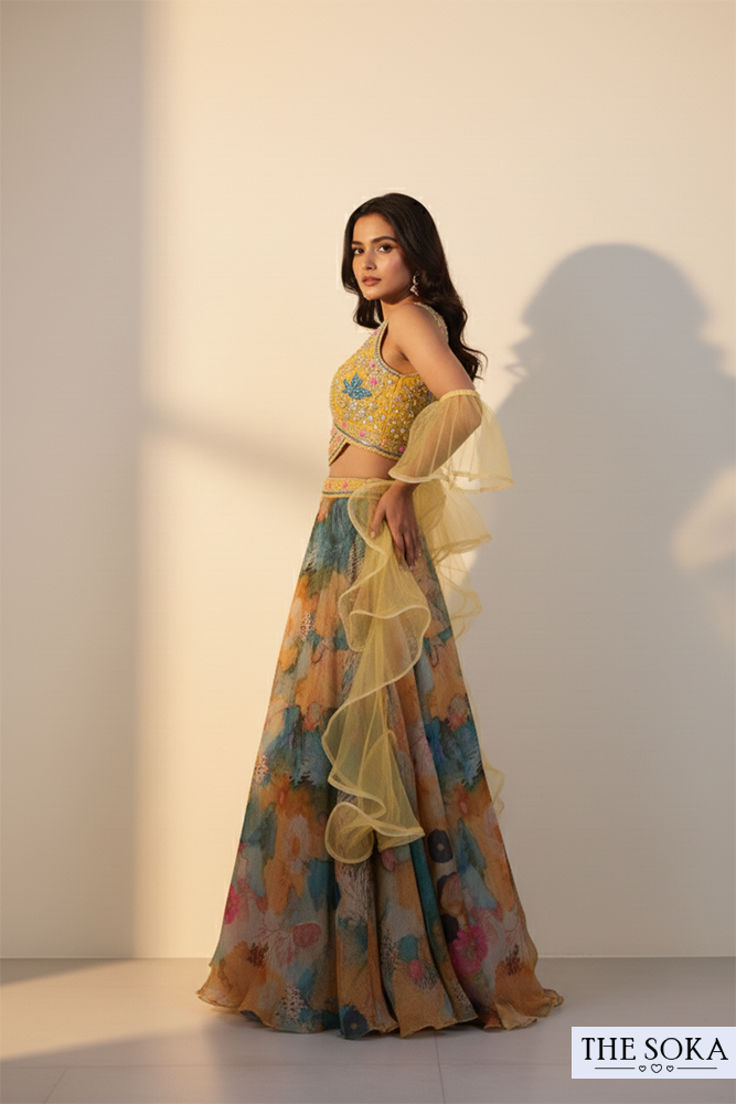 Multicolor Floral Print Lehenga with Yellow Embroidered Crop Top and Stylish Dupatta
