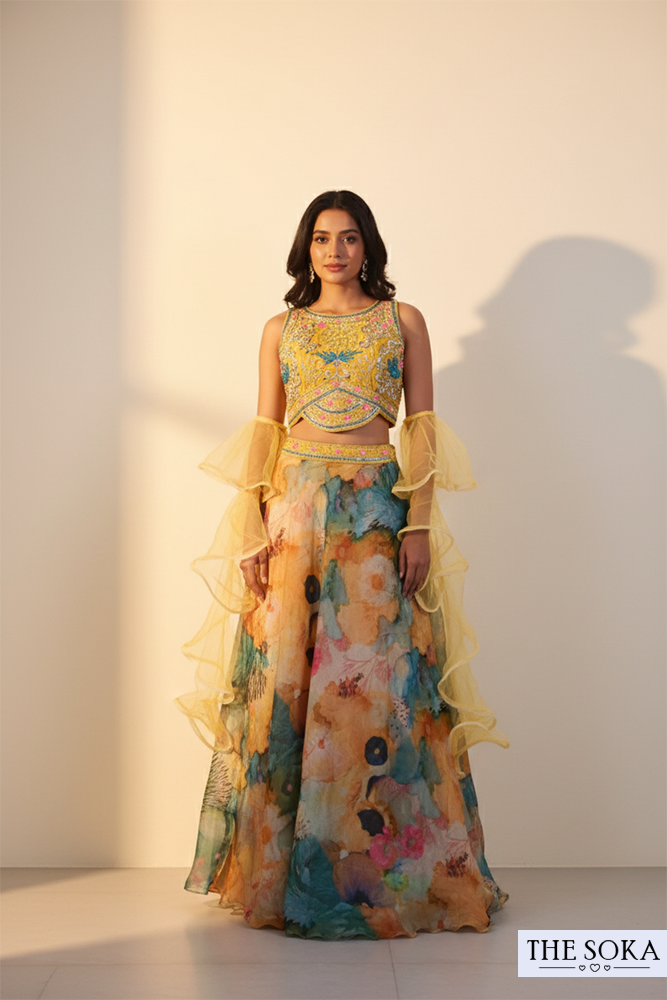 Multicolor Floral Print Lehenga with Yellow Embroidered Crop Top and Stylish Dupatta