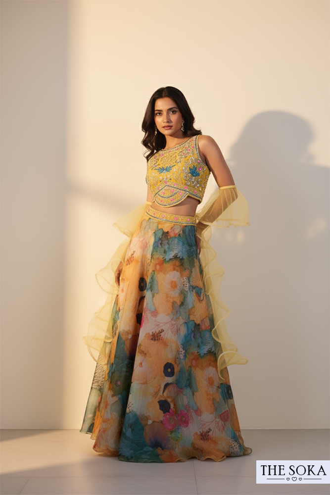 Multicolor Floral Print Lehenga with Yellow Embroidered Crop Top and Stylish Dupatta