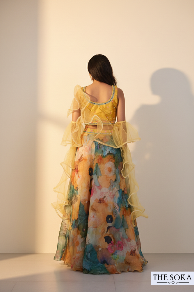 Multicolor Floral Print Lehenga with Yellow Embroidered Crop Top and Stylish Dupatta