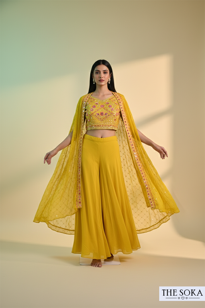 Mustard Yellow Embroidered Crop Top with Palazzo and Cape Set