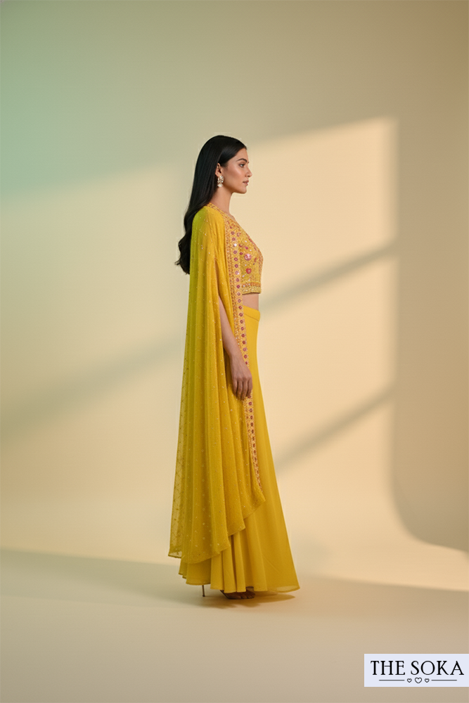 Mustard Yellow Embroidered Crop Top with Palazzo and Cape Set