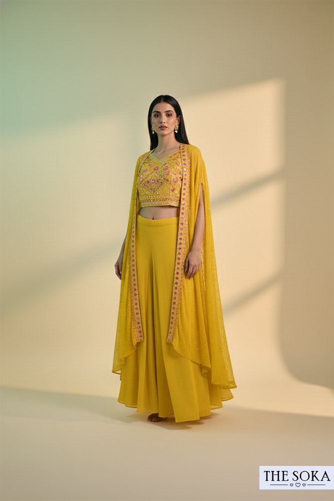Mustard Yellow Embroidered Crop Top with Palazzo and Cape Set