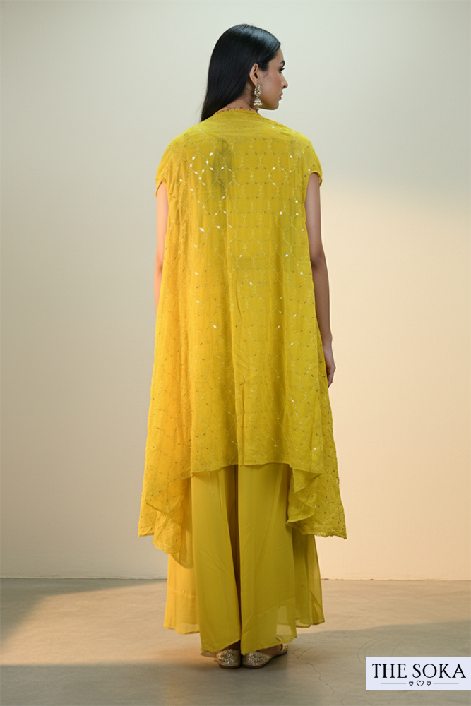 Mustard Yellow Embroidered Crop Top with Palazzo and Cape Set