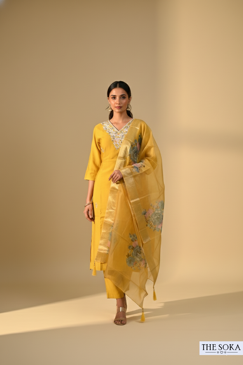 Mustard Yellow Embroidered Kurta Set with Floral Dupatta