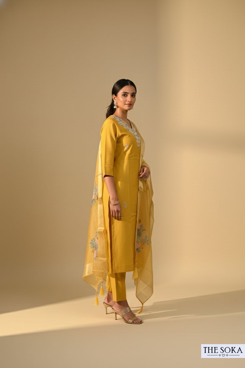 Mustard Yellow Embroidered Kurta Set with Floral Dupatta