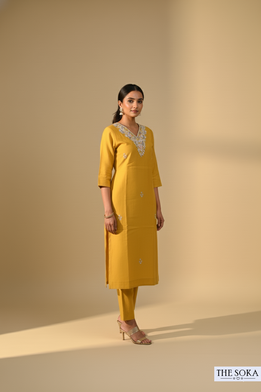Mustard Yellow Embroidered Kurta Set with Floral Dupatta