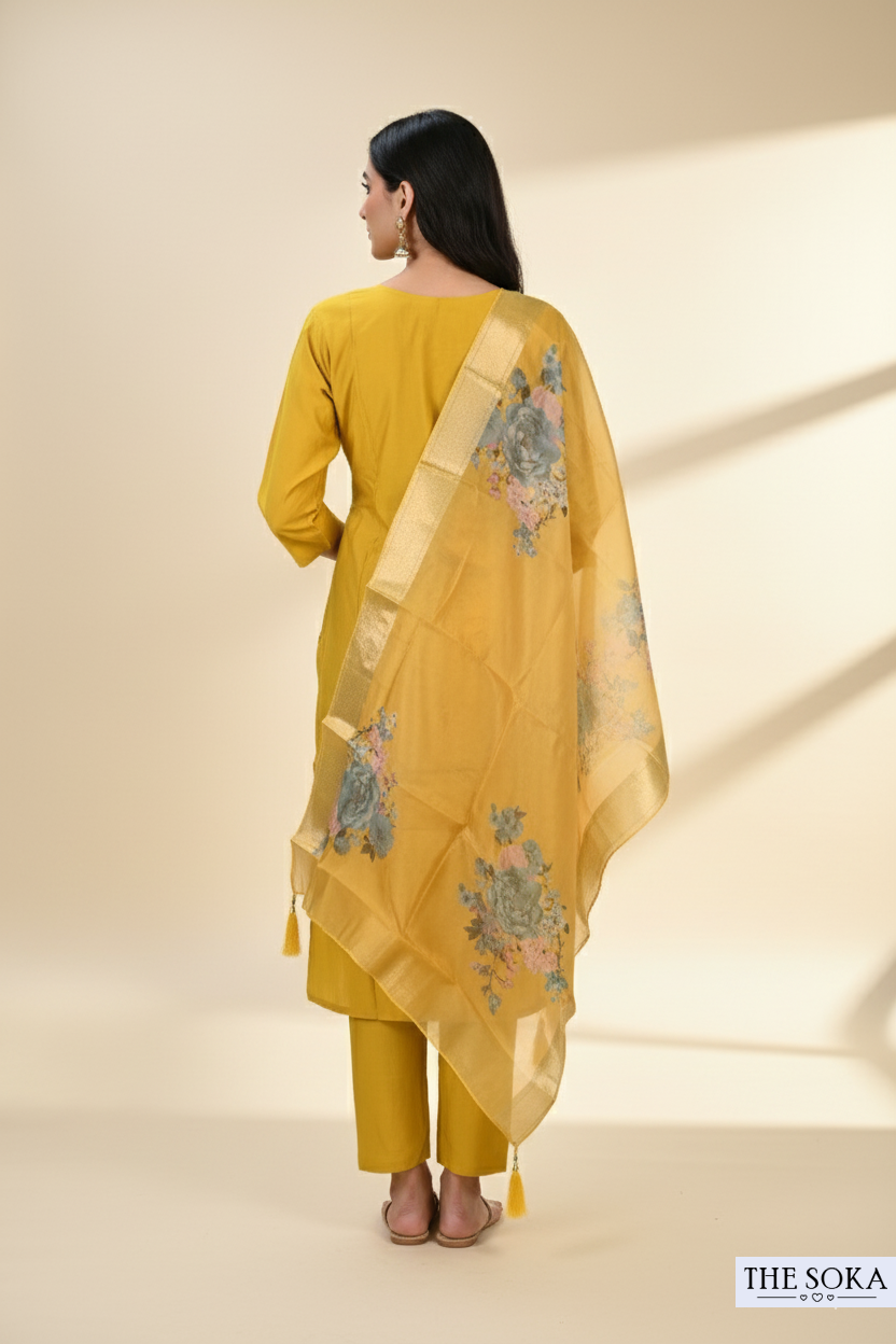 Mustard Yellow Embroidered Kurta Set with Floral Dupatta