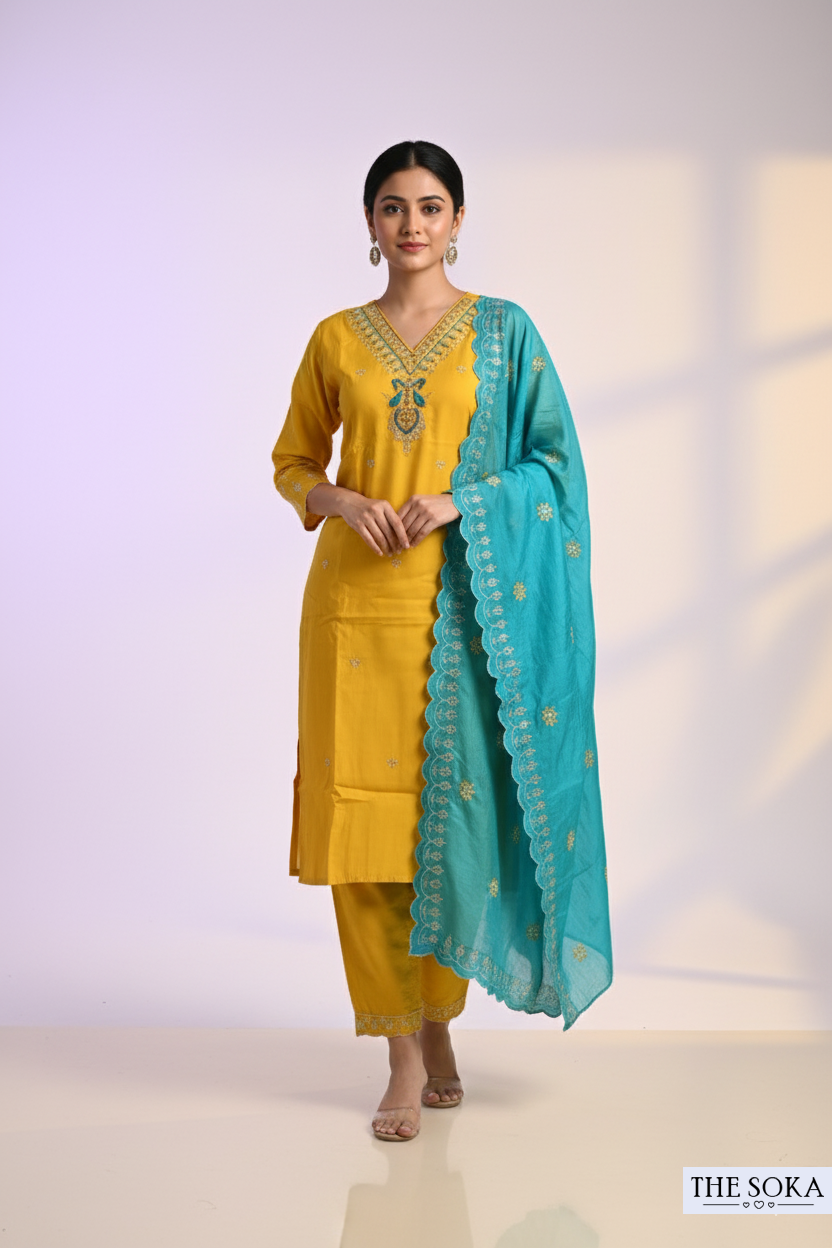 Mustard Yellow Embroidered Kurta Set with Turquoise Dupatta