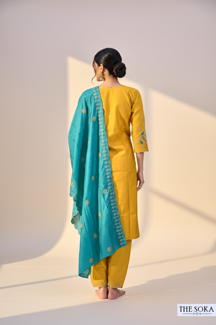 Mustard Yellow Embroidered Kurta Set with Turquoise Dupatta