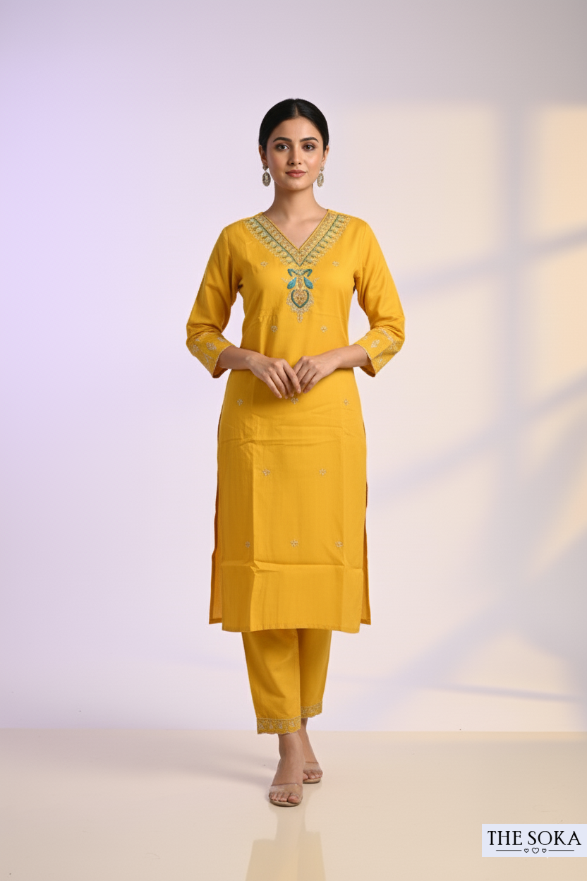 Mustard Yellow Embroidered Kurta Set with Turquoise Dupatta