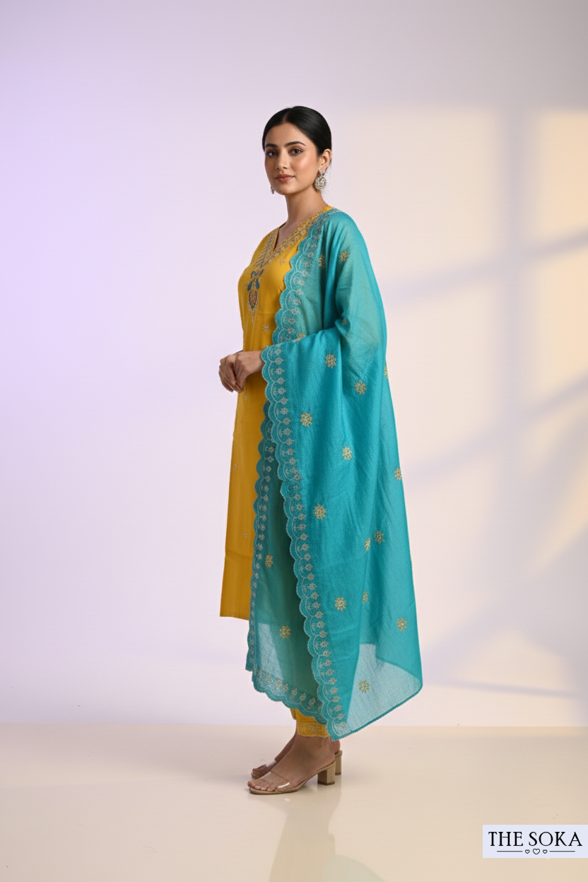 Mustard Yellow Embroidered Kurta Set with Turquoise Dupatta