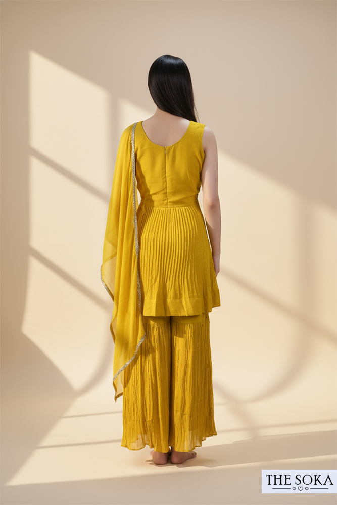 Mustard Yellow Embroidered Short Kurti with Sharara and Dupatta