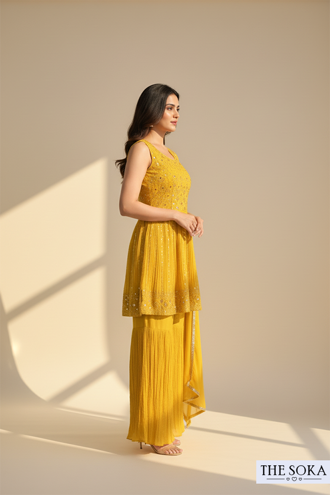 Mustard Yellow Embroidered Short Kurti with Sharara and Dupatta