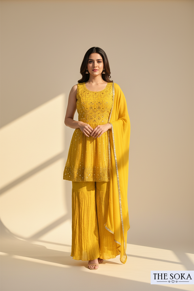 Mustard Yellow Embroidered Short Kurti with Sharara and Dupatta