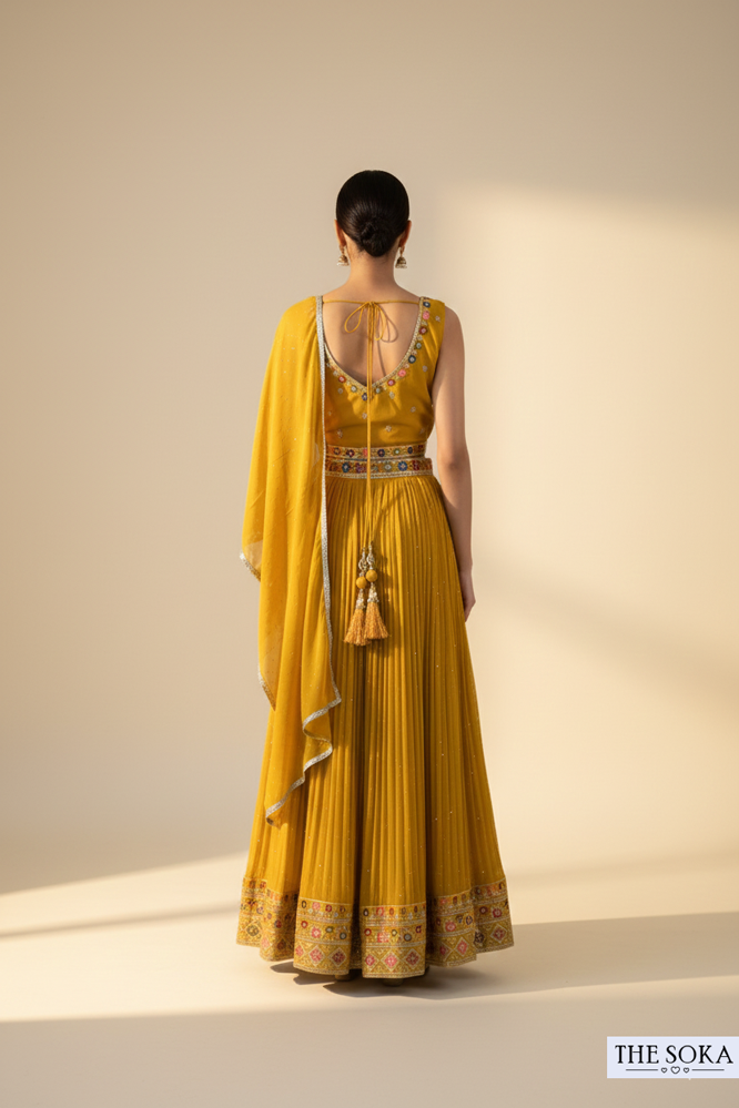 Mustard Yellow Embroidered Sleeveless Lehenga Choli with Dupatta