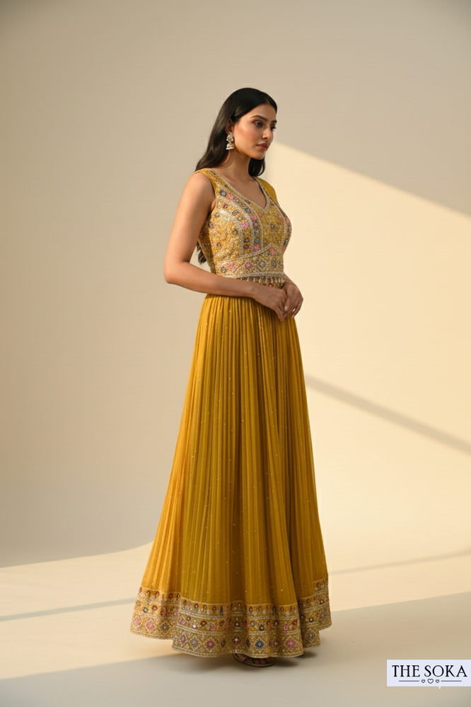 Mustard Yellow Embroidered Sleeveless Lehenga Choli with Dupatta