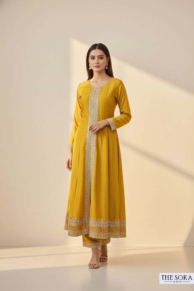 Mustard Yellow Embroidered Straight Kurta Set with Printed Dupatta