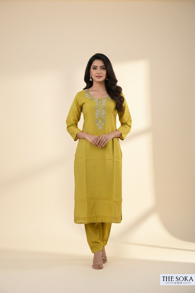 Mustard Yellow Embroidered Straight Kurta Set with Floral Dupatta