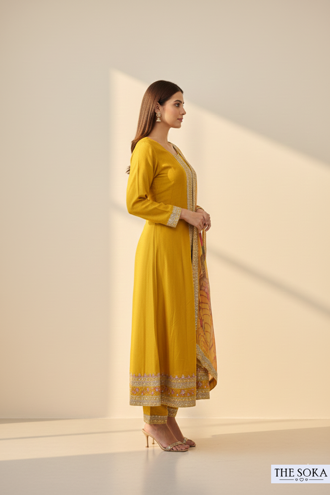 Mustard Yellow Embroidered Straight Kurta Set with Printed Dupatta