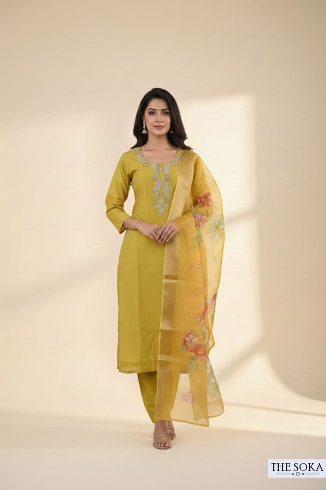 Mustard Yellow Embroidered Straight Kurta Set with Floral Dupatta