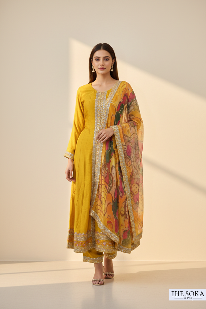 Mustard Yellow Embroidered Straight Kurta Set with Printed Dupatta
