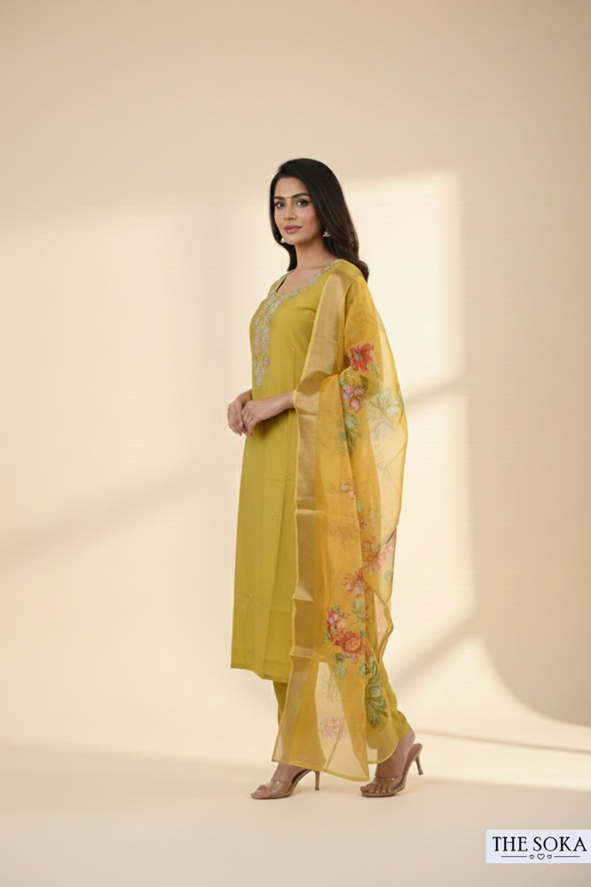 Mustard Yellow Embroidered Straight Kurta Set with Floral Dupatta