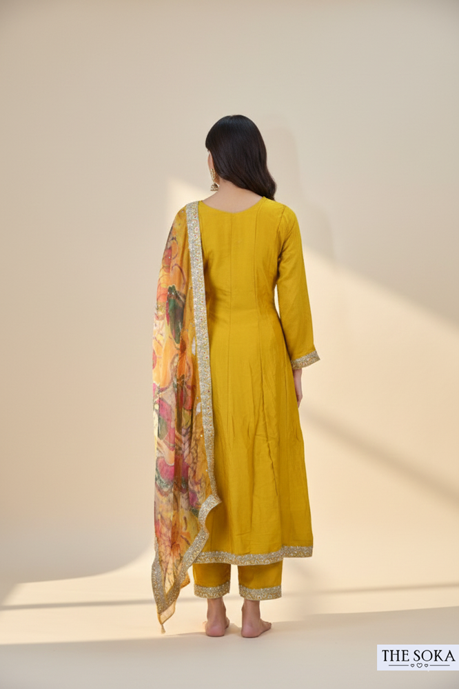 Mustard Yellow Embroidered Straight Kurta Set with Printed Dupatta