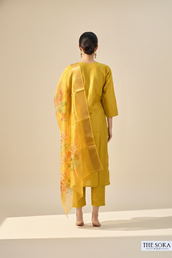 Mustard Yellow Embroidered Straight Kurta Set with Floral Dupatta