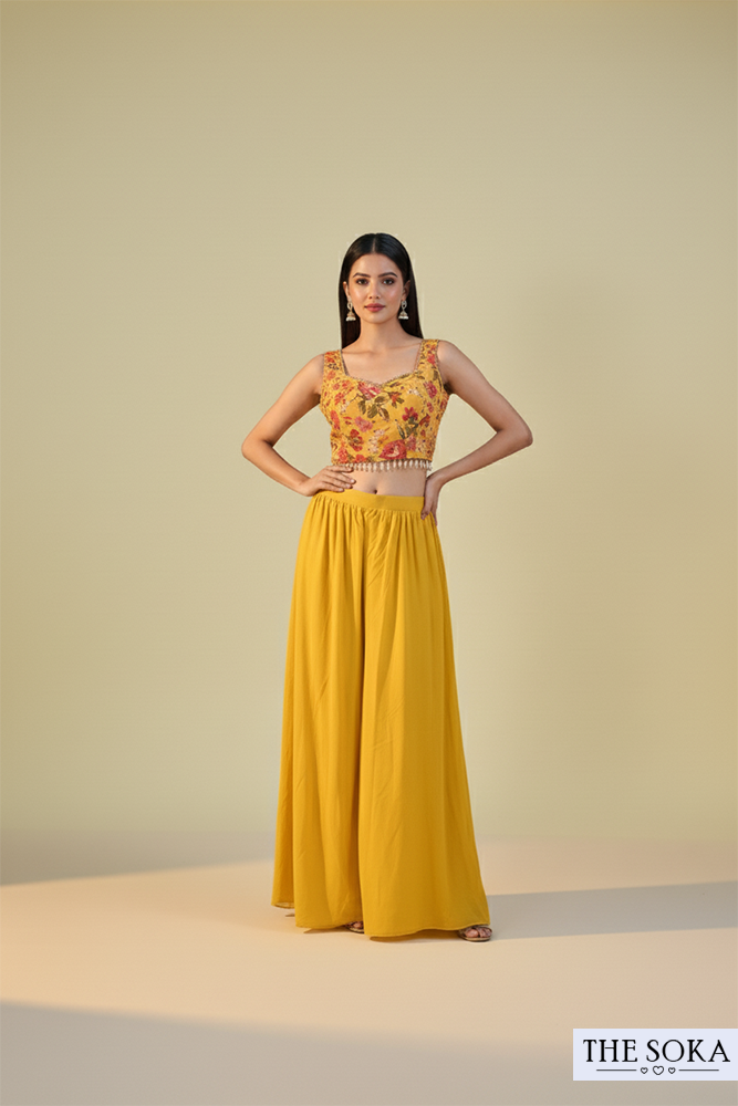 Mustard Yellow Floral Print Crop Top with Palazzo and Long Shrug