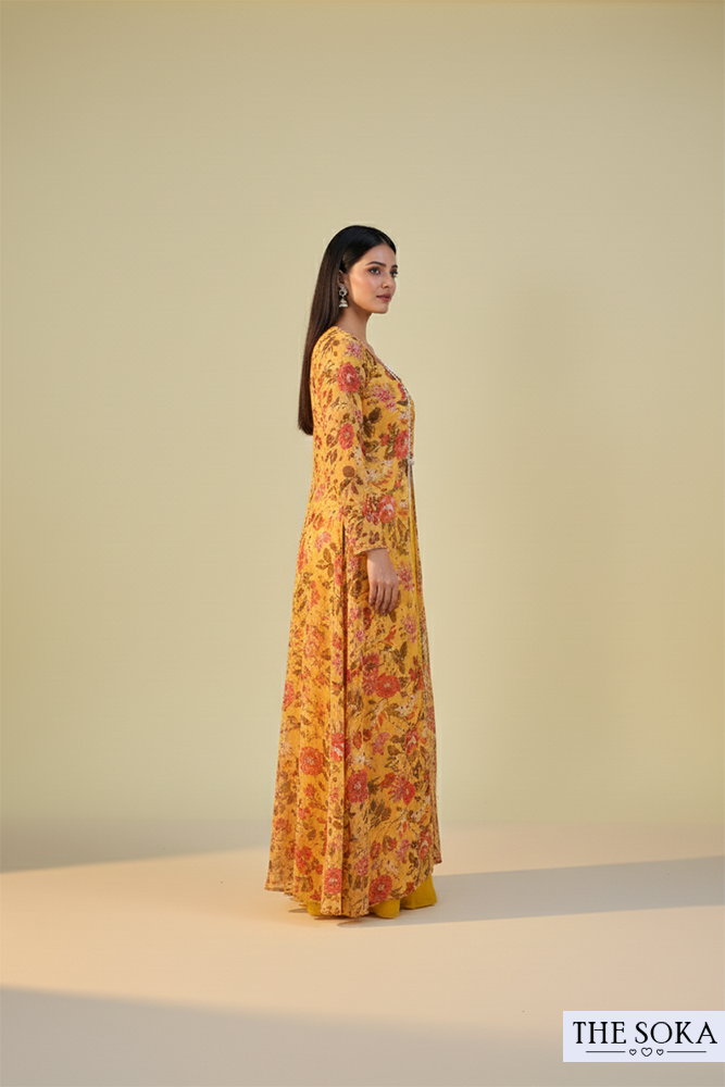 Mustard Yellow Floral Print Crop Top with Palazzo and Long Shrug
