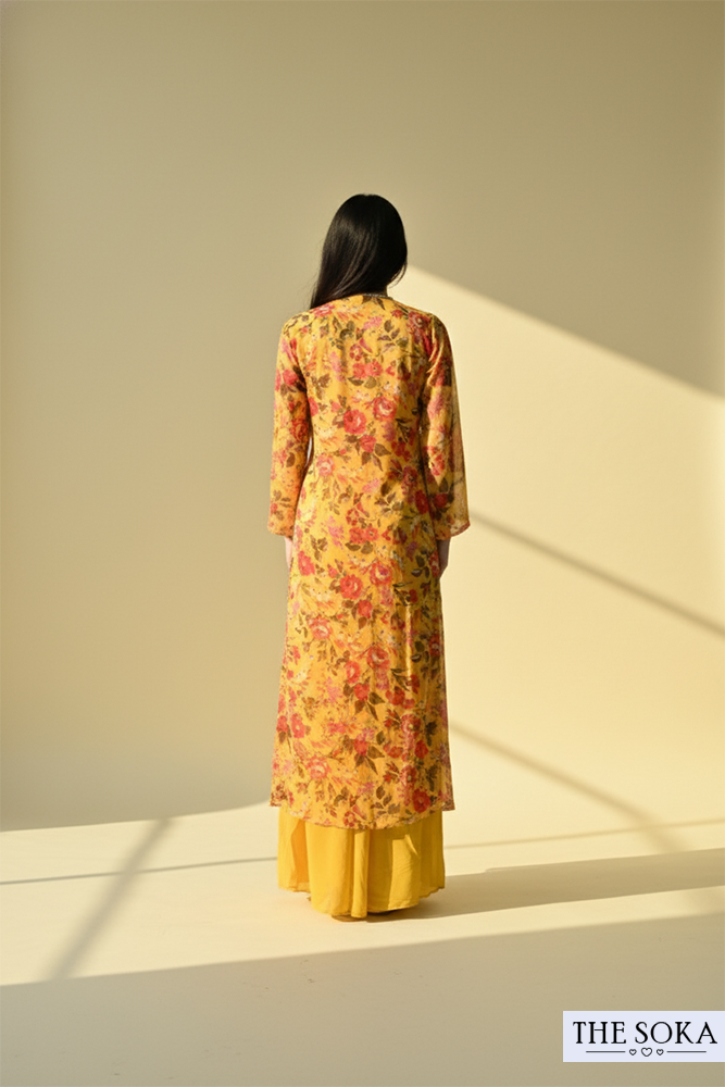 Mustard Yellow Floral Print Crop Top with Palazzo and Long Shrug