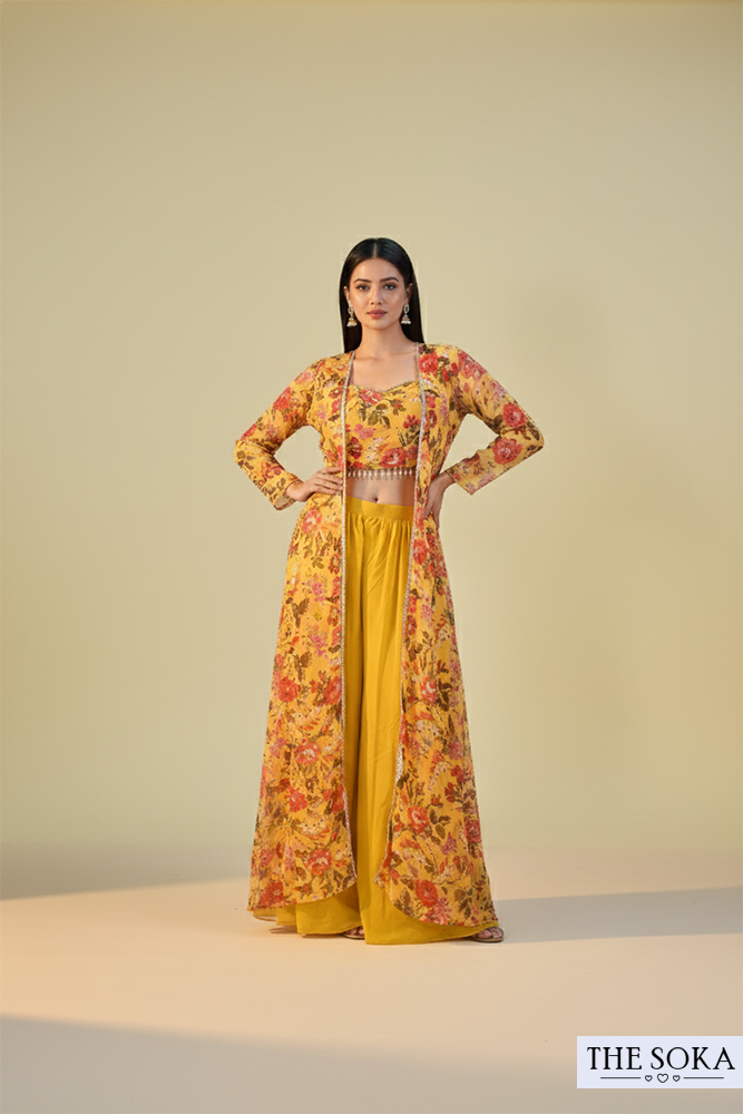 Mustard Yellow Floral Print Crop Top with Palazzo and Long Shrug