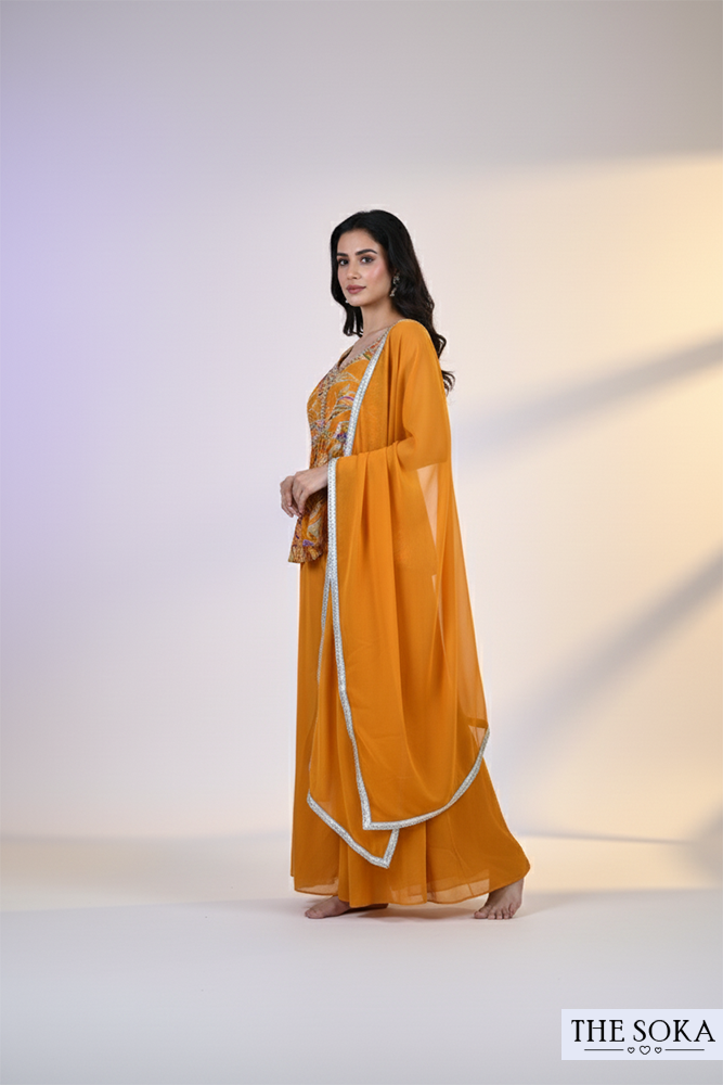 Mustard Yellow Printed Peplum Kurti with Palazzo and Dupatta Set