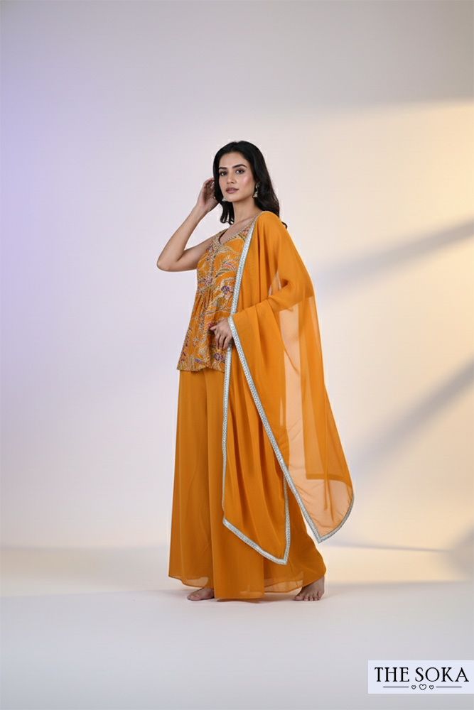 Mustard Yellow Printed Peplum Kurti with Palazzo and Dupatta Set