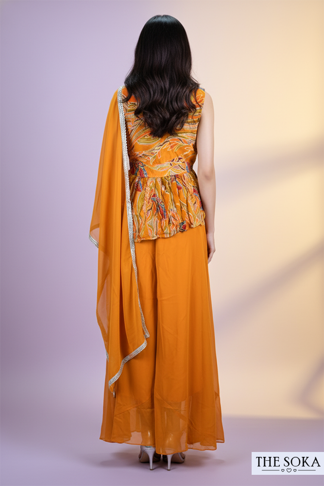 Mustard Yellow Printed Peplum Kurti with Palazzo and Dupatta Set