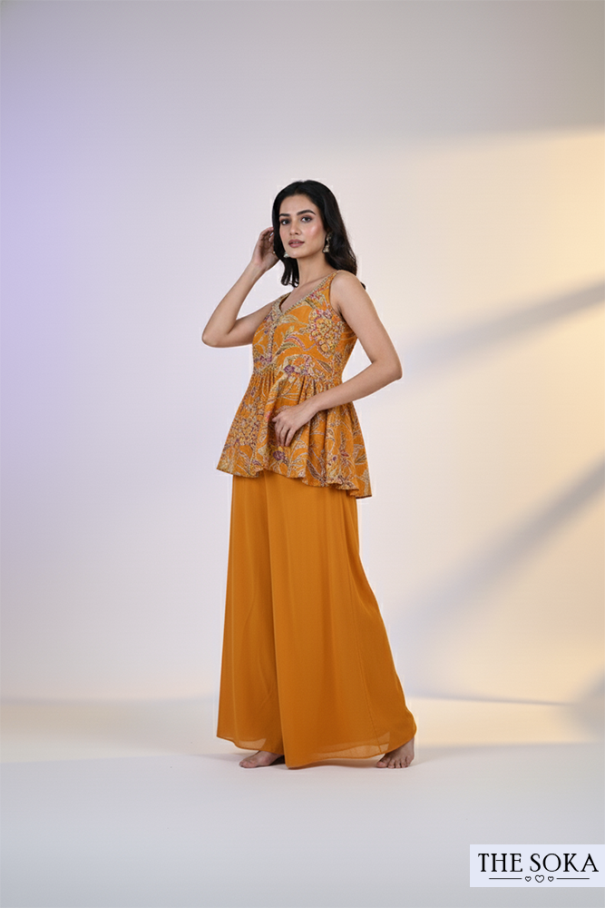 Mustard Yellow Printed Peplum Kurti with Palazzo and Dupatta Set
