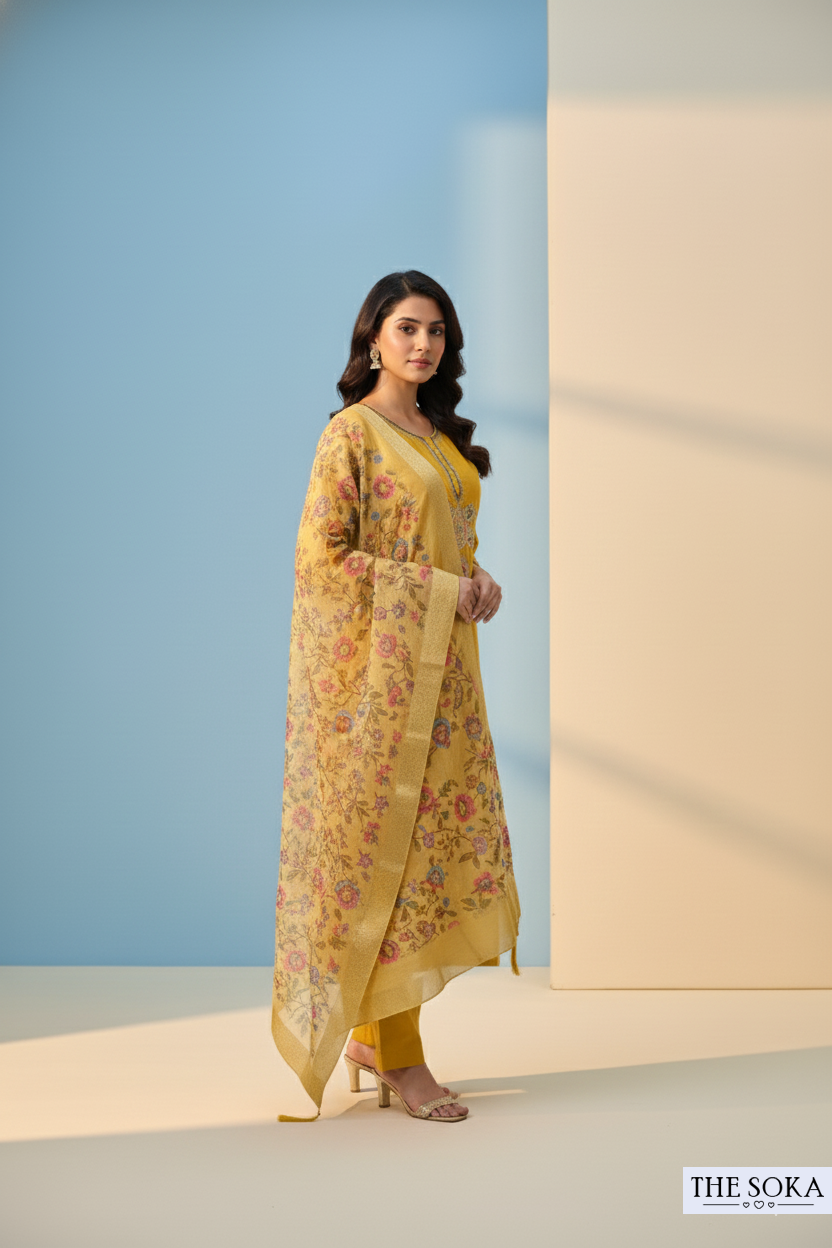 Mustard Yellow Royal Heritage Embroidered Kurta Set with Floral Dupatta