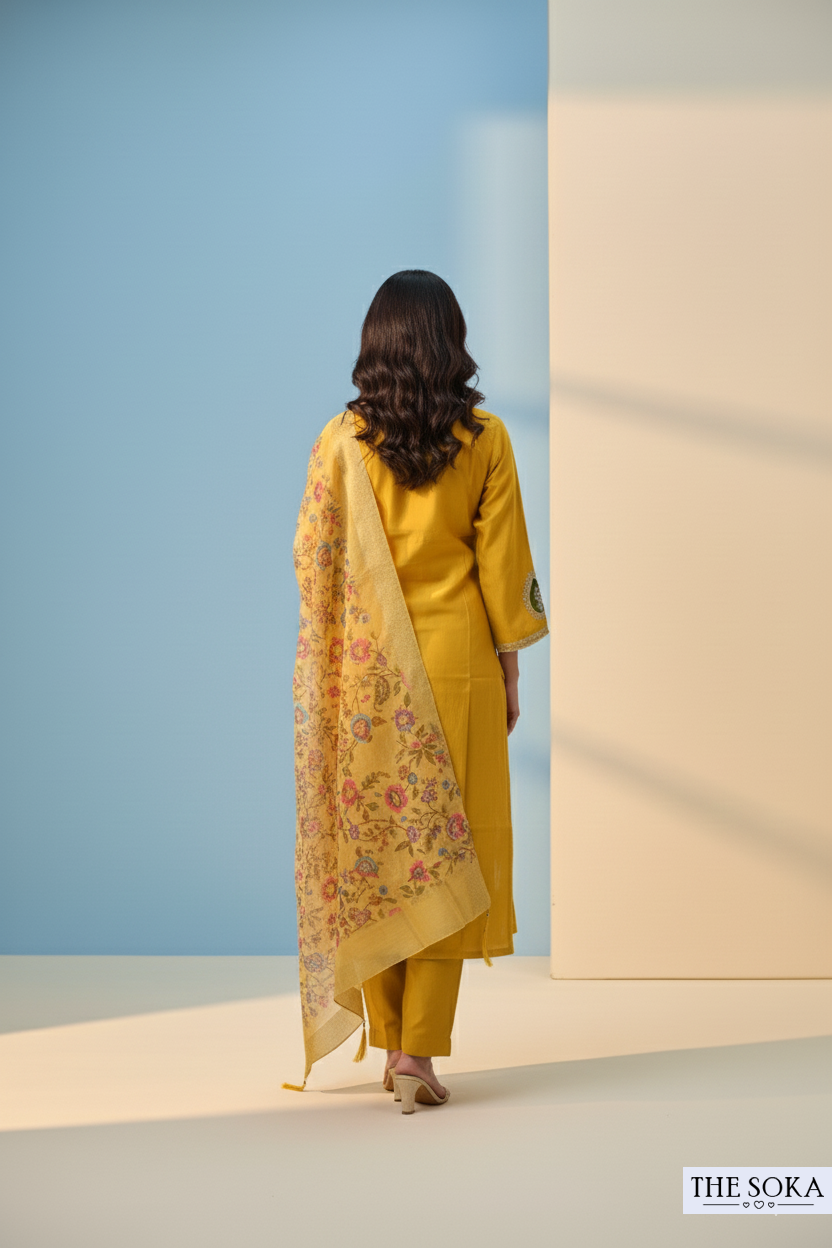 Mustard Yellow Royal Heritage Embroidered Kurta Set with Floral Dupatta