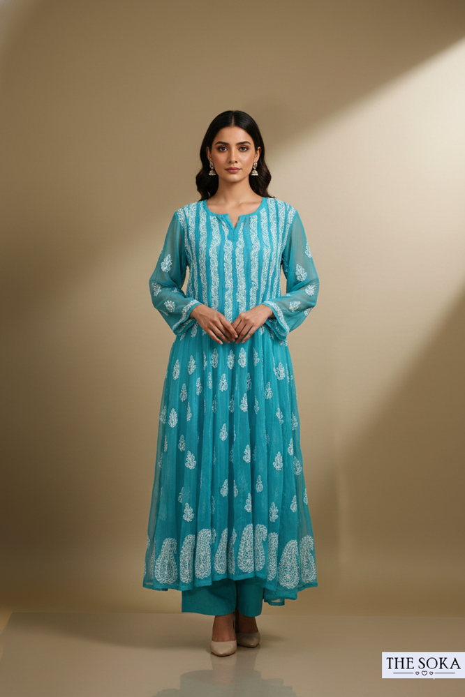 Muted Light Blue Pure Chikankari Premium 56 Kali Anarkali Embroidered Handwork 