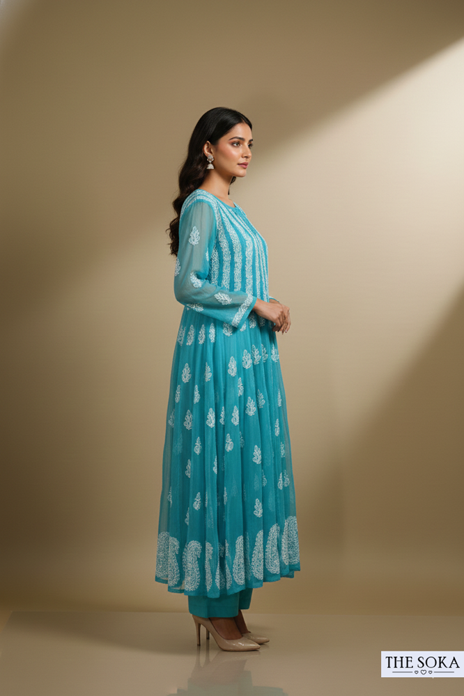 Muted Light Blue Pure Chikankari Premium 56 Kali Anarkali Embroidered Handwork 