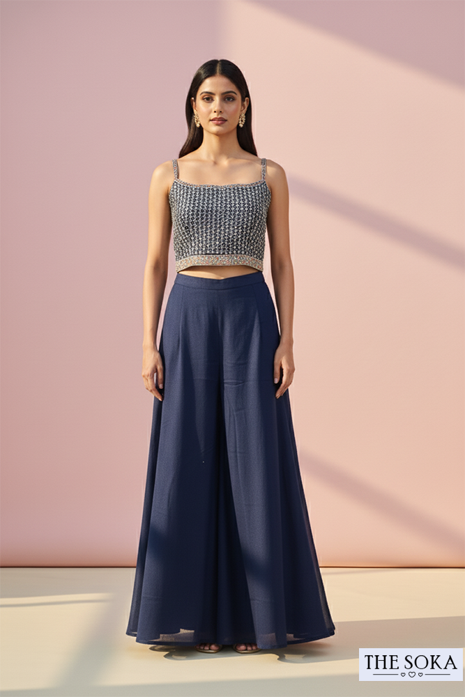 Navy Blue Embroidered Crop Top with Flared Palazzo & Jacket Set