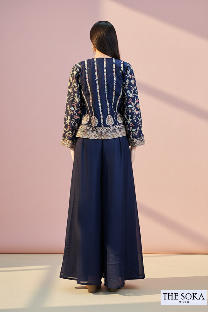 Navy Blue Embroidered Crop Top with Flared Palazzo & Jacket Set