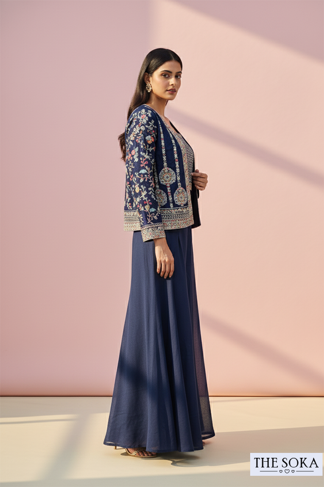 Navy Blue Embroidered Crop Top with Flared Palazzo & Jacket Set